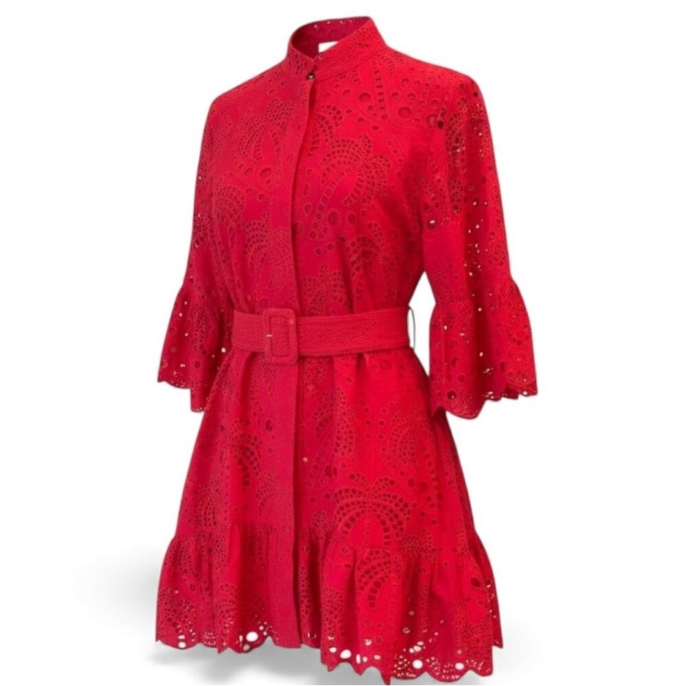 Farm Rio Red Palm Tree Mini Dress Eyelet Belted Size L NWT - Picture 5 of 15